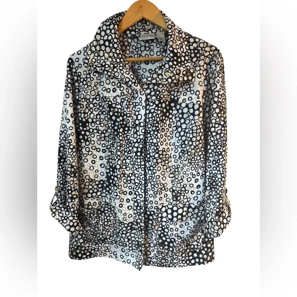 Chico's Zenergy Abstract B&W Metallic Geometric Stretch Shacket Jacket Sz 2 Lg